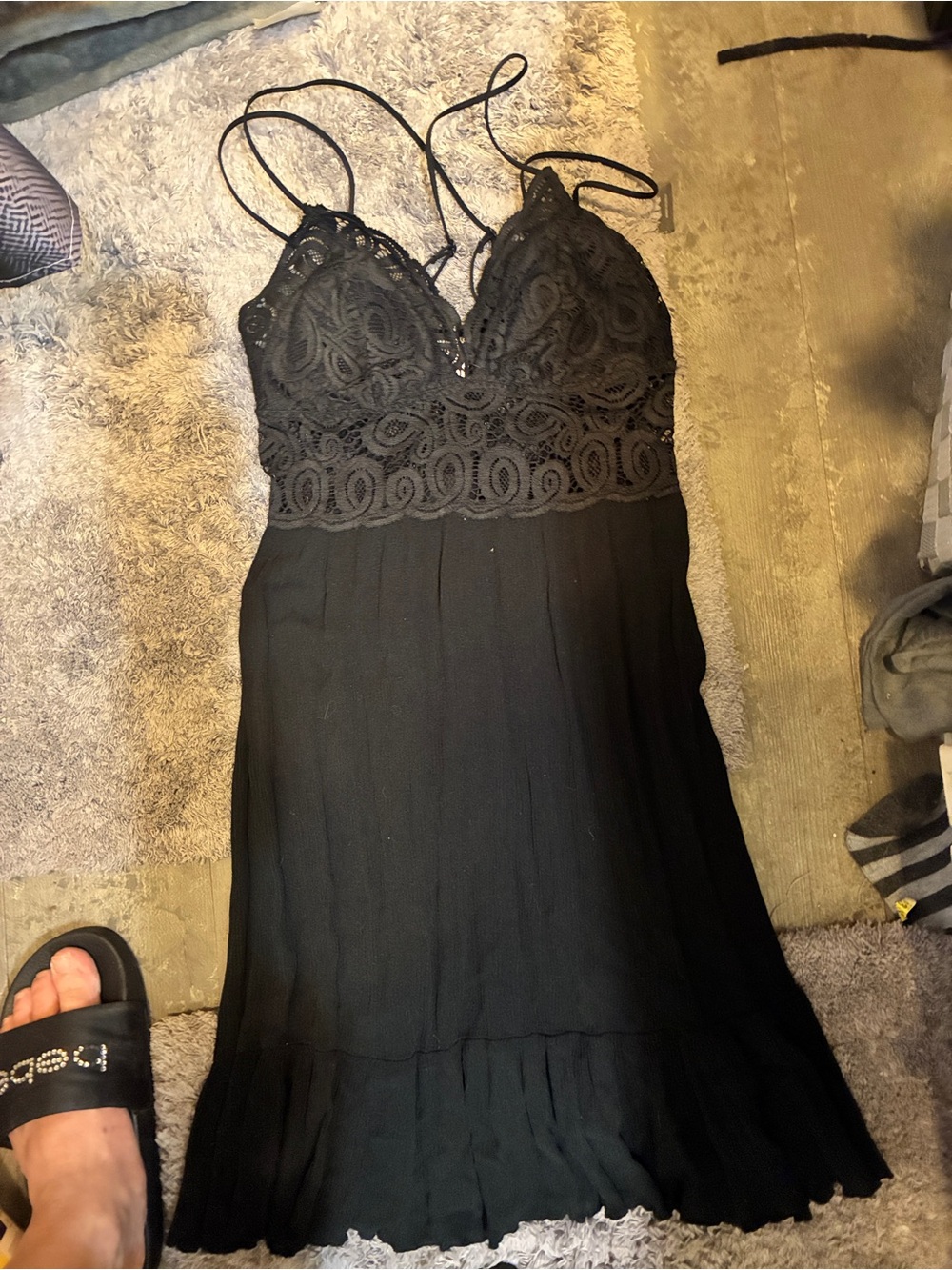 VS pink Strappy crochet Black Lace-Trim Slip Dress -